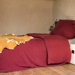 Drap housse en lin lavé rouge 90x200cm-Bed and Philosophy Discount