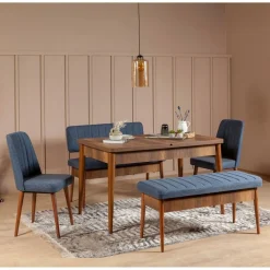 Wooden Art Tables^Ensemble table + 2 chaises + 2 bancs vina 1048 beige/bleu foncé