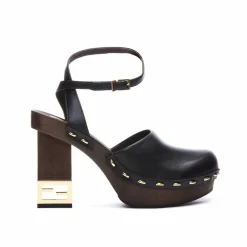 Escarpins sabots en cuir à talon décoratif noirs-Fendi Discount