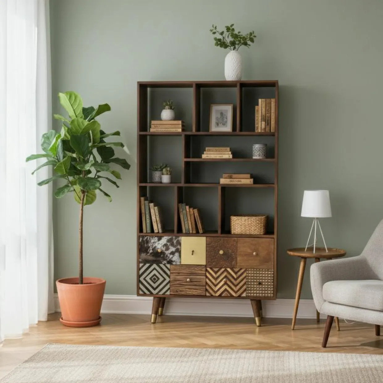 Etagère multi-matériaux peau de vache bois sculpté Naturel - 100x40x175 cm-Bois & Chiffons Outlet