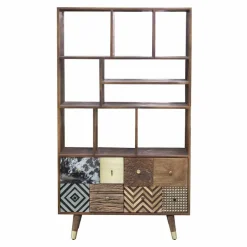 Etagère multi-matériaux peau de vache bois sculpté Naturel - 100x40x175 cm-Bois & Chiffons Outlet