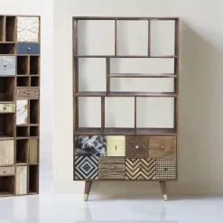 Etagère multi-matériaux peau de vache bois sculpté Naturel - 100x40x175 cm-Bois & Chiffons Outlet
