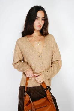 Gilet en Cachemire mélangé grand col camel-Assuili Hot
