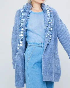 Gilet en Mohair & Laine mélangés Ceinture Pampille bleu-Manoush Hot