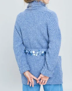 Gilet en Mohair & Laine mélangés Ceinture Pampille bleu-Manoush Hot