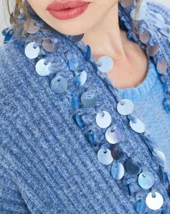 Gilet en Mohair & Laine mélangés Ceinture Pampille bleu-Manoush Hot