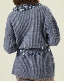 Gilet en Mohair & Laine mélangés Ceinture Pampille bleu-Manoush Hot