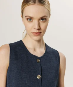 Gilet Maëva 100% laine sans manches milano bleu denim-Rodier Online