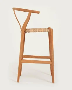 Hirosi - Chaise de bar en teck massif et rotin-Uniqka Discount