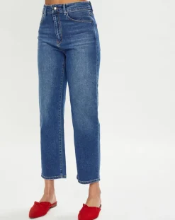 Femme Esprit Jeans^Jean Droit taille haute élastique bleu moyen