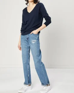 Jeans droit en Toile de coton taille haute bleu moyen-Esprit Hot