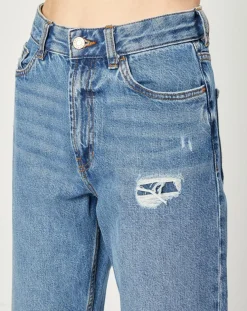Jeans droit en Toile de coton taille haute bleu moyen-Esprit Hot