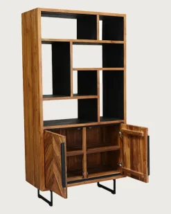 Kappa - Petite bibliothèque industrielle en teck maffis recyclé avec motif chevron 100 cm-Uniqka New