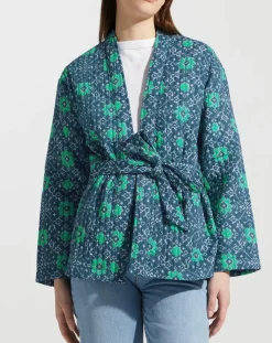 Kimono ceinturé Nougat imprimé bleu/vert-Garance Paris Discount