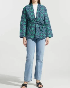 Kimono ceinturé Nougat imprimé bleu/vert-Garance Paris Discount