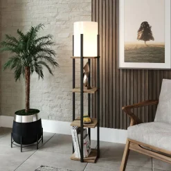 Lampadaire Nora naturel/noir - 21x21x135 cm-Opviq