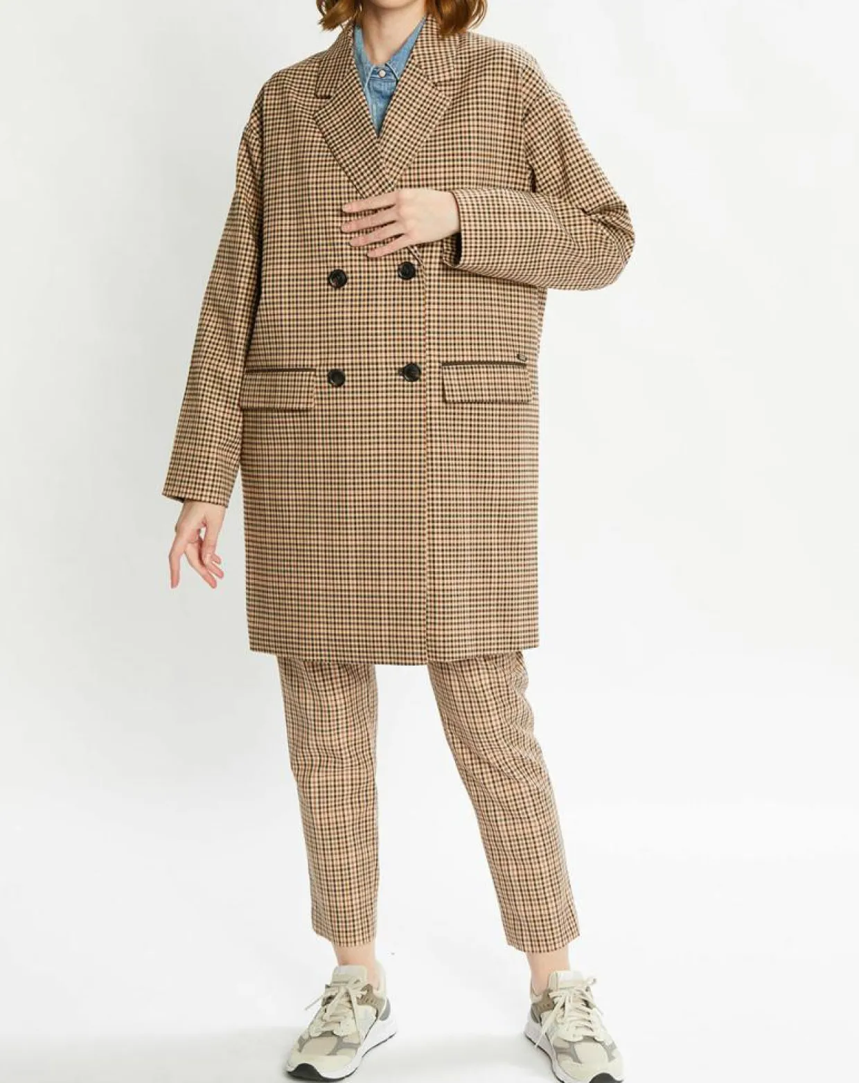 Manteau droit double boutonnage à carreaux beige/marron-Scotch & Soda Outlet