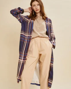 Manteau léger satiné Greg à carreaux marine/beige-Chloé Stora Online