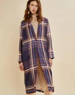 Manteau léger satiné Greg à carreaux marine/beige-Chloé Stora Online