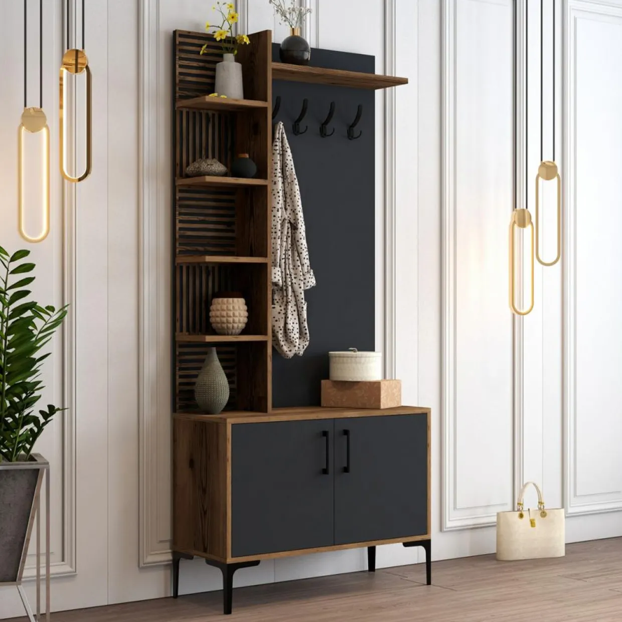 Wooden Art Meubles De Rangement^Meuble d'entrée Viyana noyer/anthracite - 90x200x35 cm