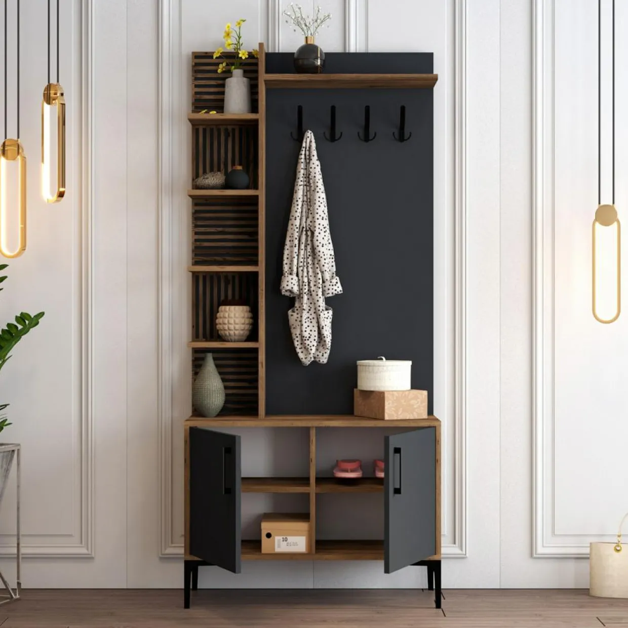 Wooden Art Meubles De Rangement^Meuble d'entrée Viyana noyer/anthracite - 90x200x35 cm