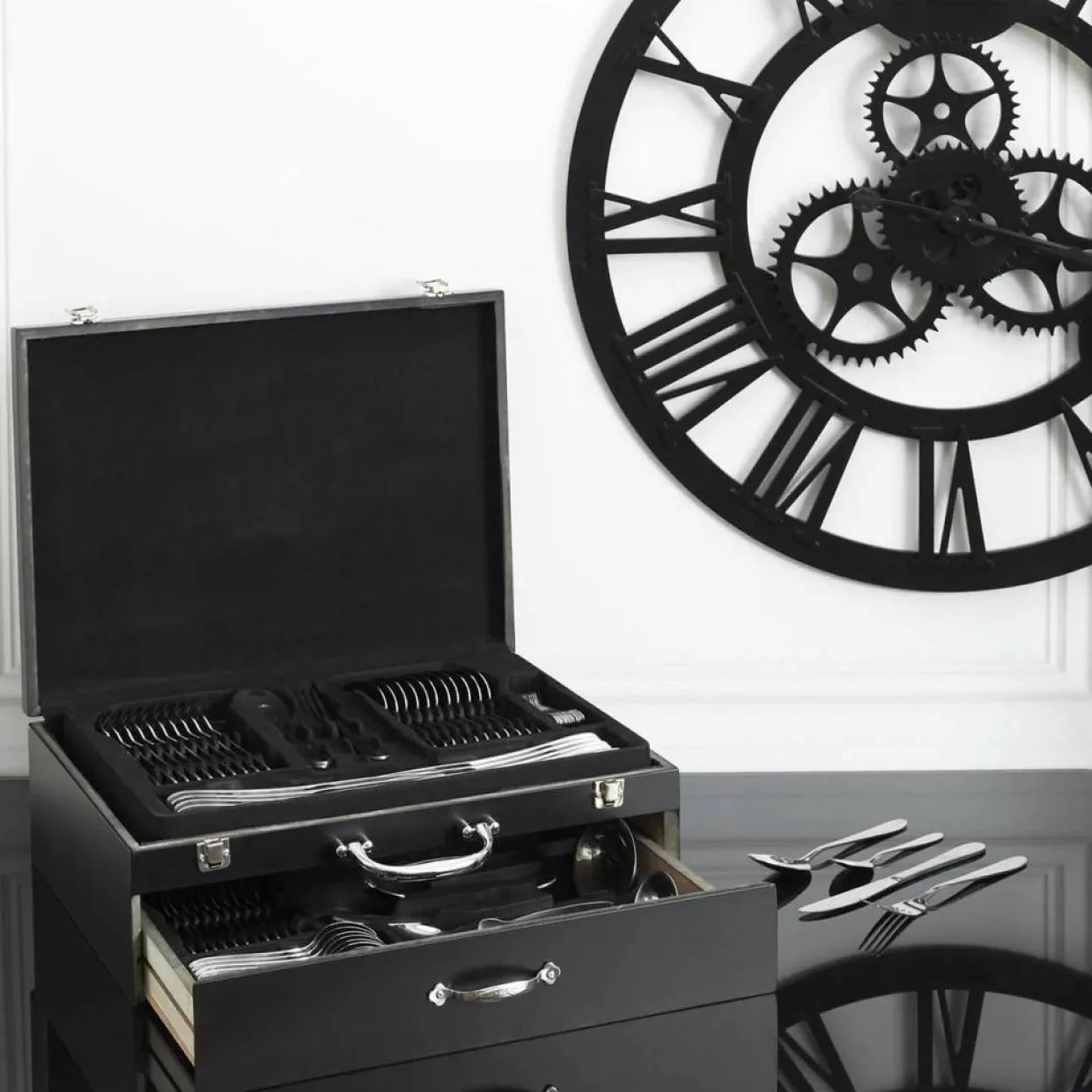 Cook Concept Couverts De Table^Ménagère avec coffret en bois & tiroir noire - 84 pièces