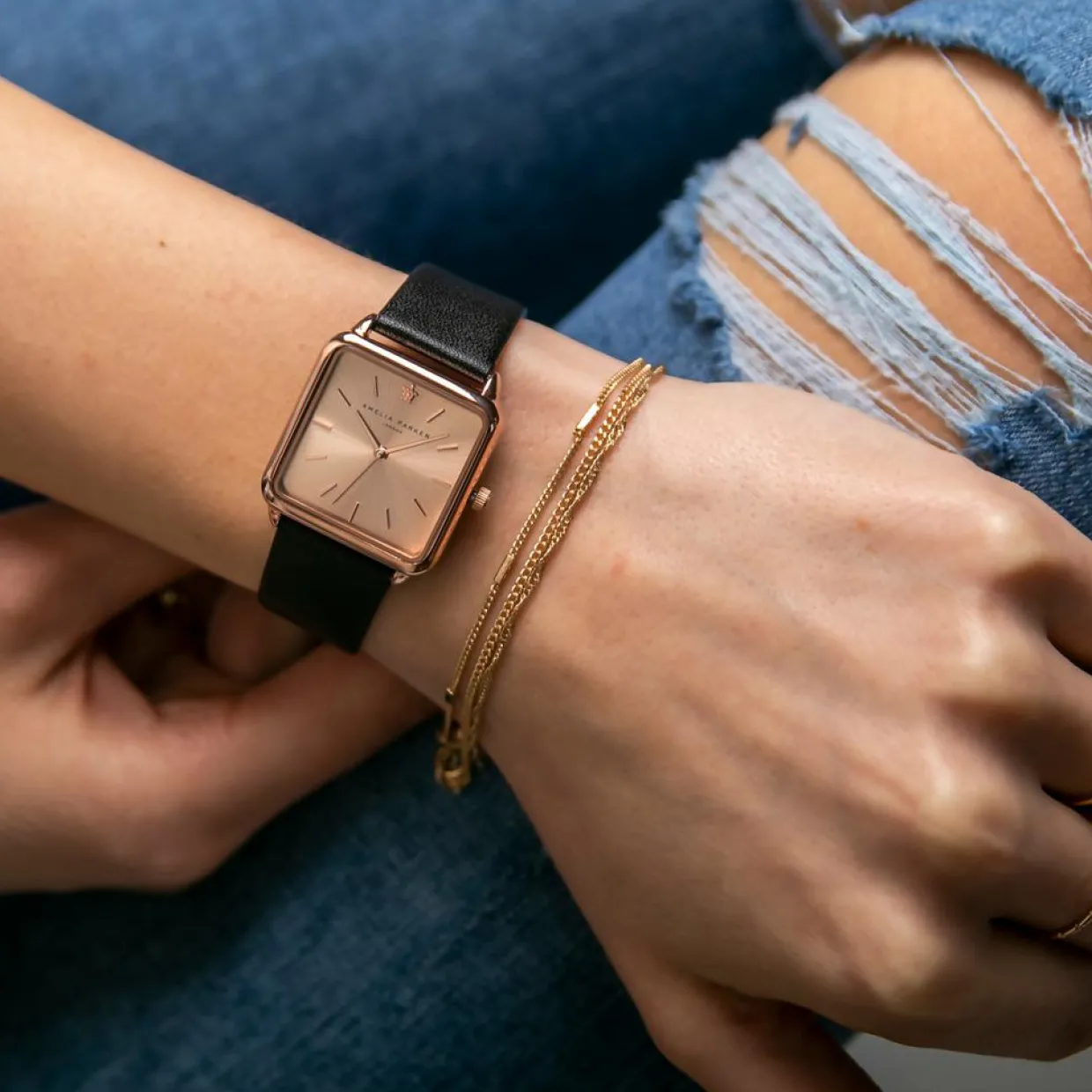 Montre Femme Gold Plaza en Cuir noire-Amelia Parker Clearance
