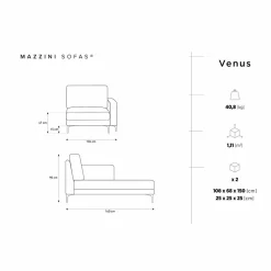 Mazzini Sofas Canapés^Méridienne Velours Droite Venus grise - 160x104x90 cm