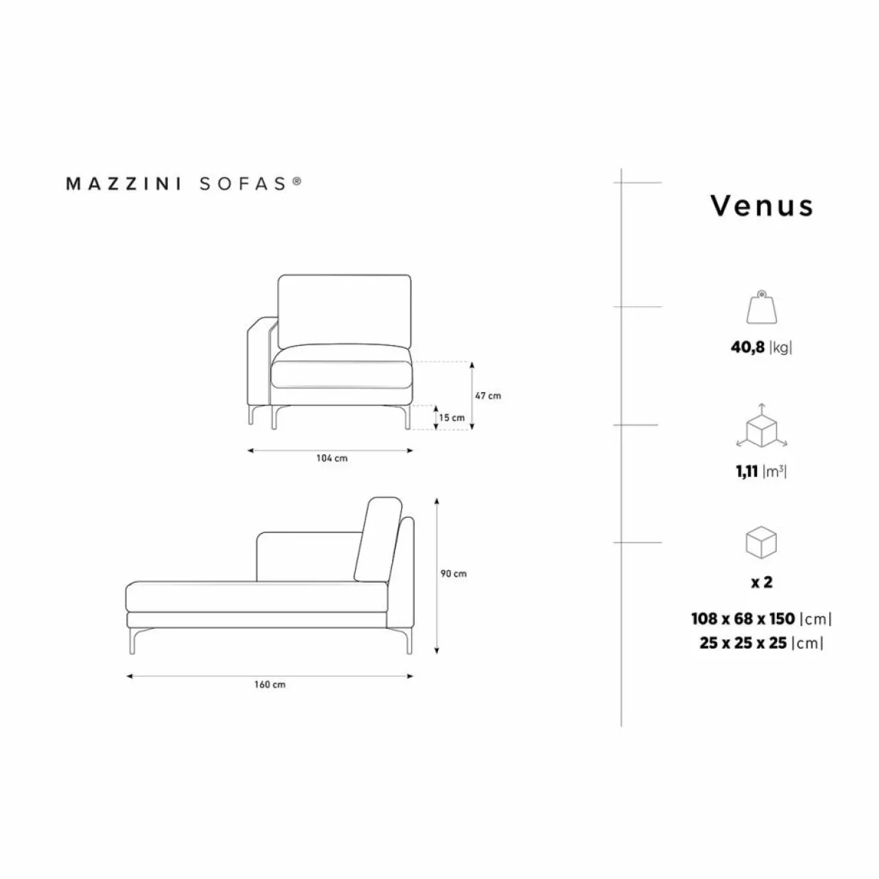 Mazzini Sofas Canapés^Méridienne Velours Gauche Venus grise - 160x104x90 cm