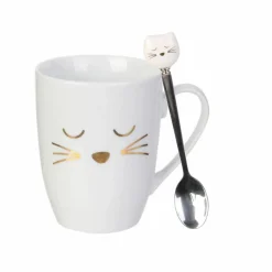 The Concept Factory Mugs, Tasses^Mug avec cuillère chat en Porcelaine blanc/doré - 11.5x8.2x10 cm