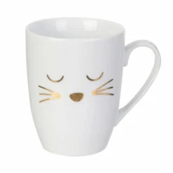 The Concept Factory Mugs, Tasses^Mug avec cuillère chat en Porcelaine blanc/doré - 11.5x8.2x10 cm