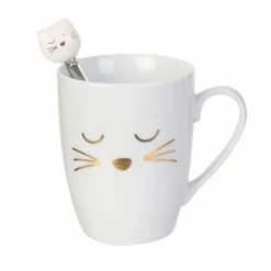 The Concept Factory Mugs, Tasses^Mug avec cuillère chat en Porcelaine blanc/doré - 11.5x8.2x10 cm