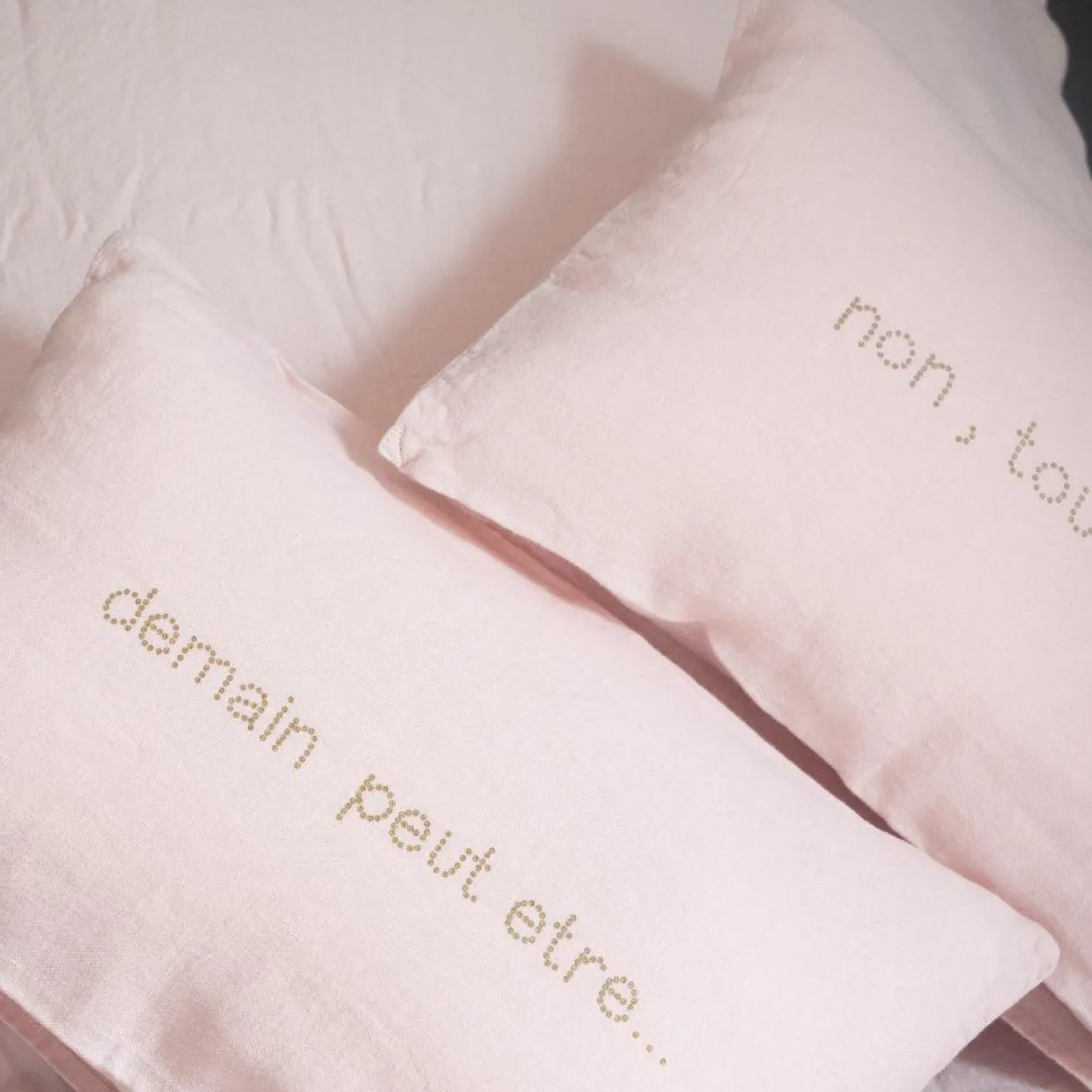 Bed and Philosophy Coussins, Galettes De Sièges^Paire de coussins sérigraphiés en lin roses 25x40cm