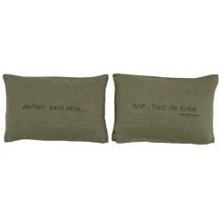 Paire de coussins sérigraphiés en lin verts 25x40cm-Bed and Philosophy Discount