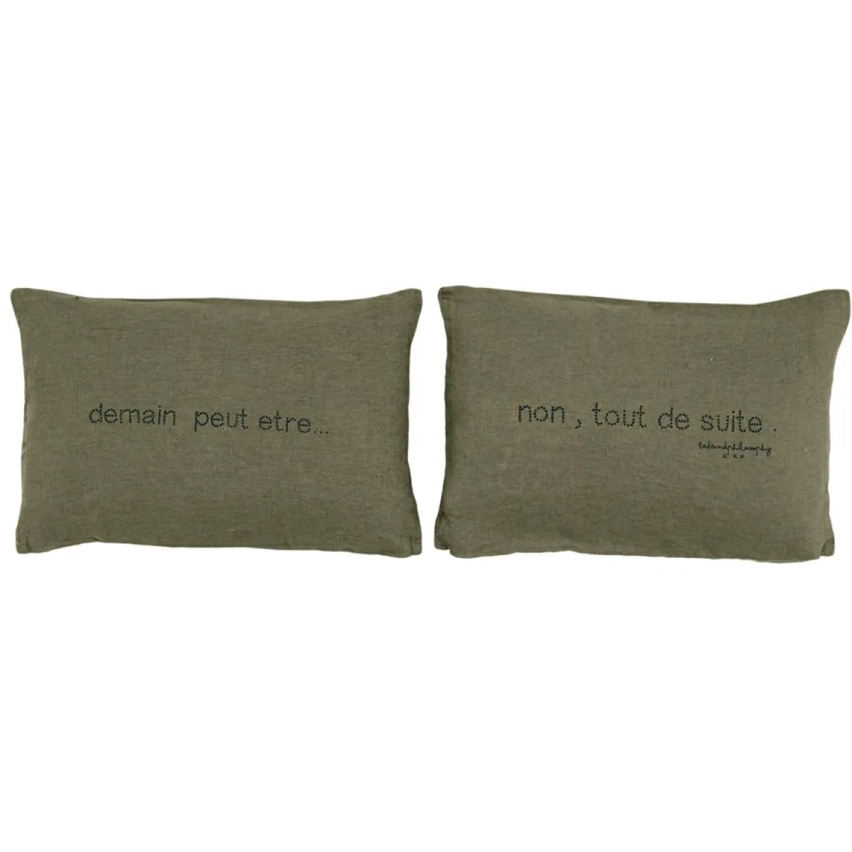 Paire de coussins sérigraphiés en lin verts 25x40cm-Bed and Philosophy Discount