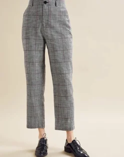 Pantalon en Lin mélangé Porto pied-de-poule noir/écru-Chloé Stora