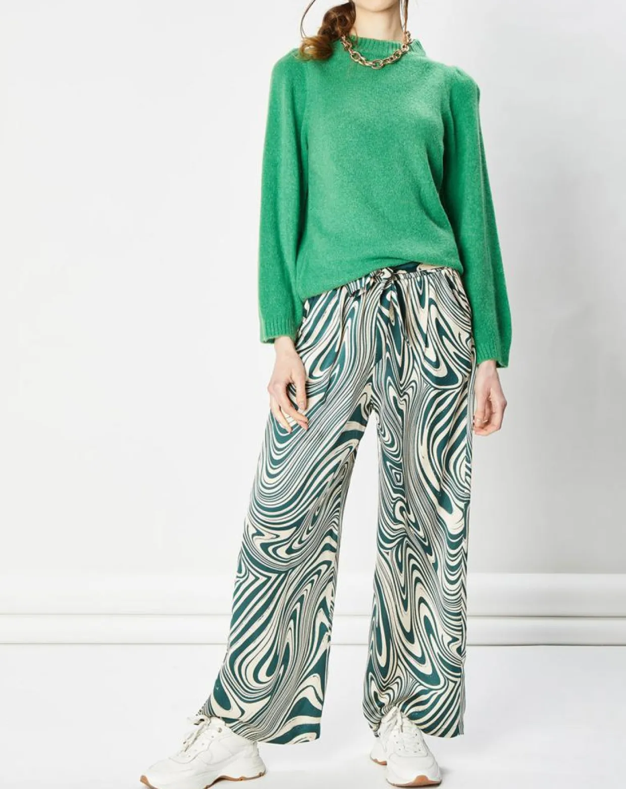 Pantalon fluide satiné Iwa psyché vert/beige-La Petite Etoile Discount