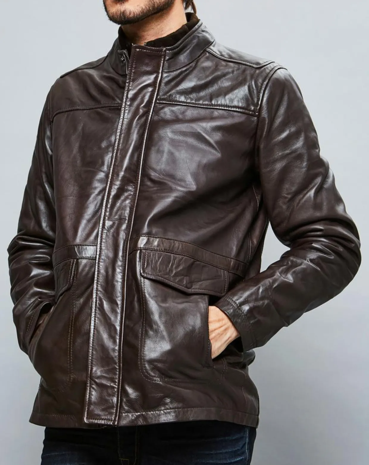 Homme Chyston Vestes, Blousons^Parka en Cuir Aron marron