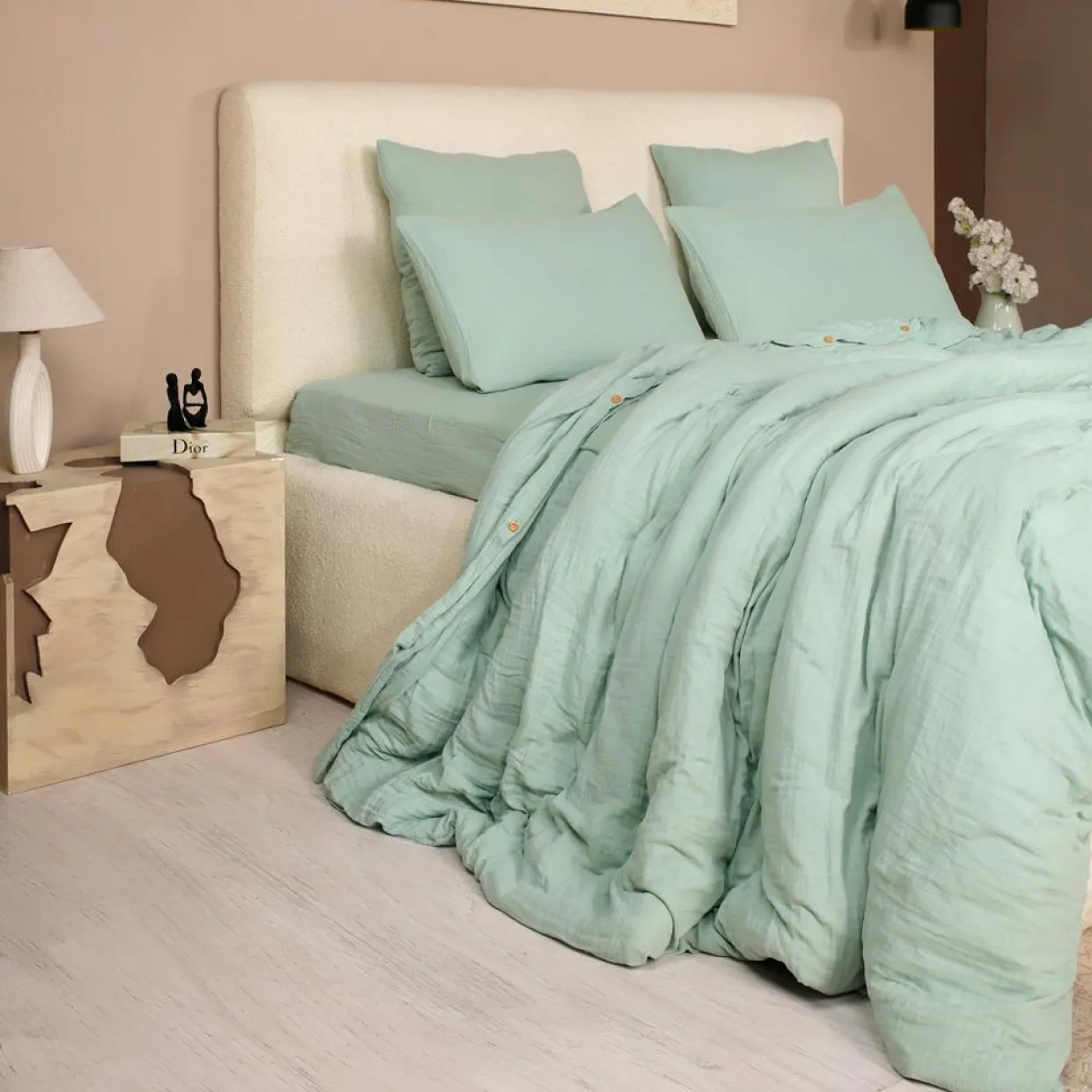 Parure de Couette 3 pcs 100% Gaze de Coton Lavé vert givrée-Ateliers du Linge Clearance