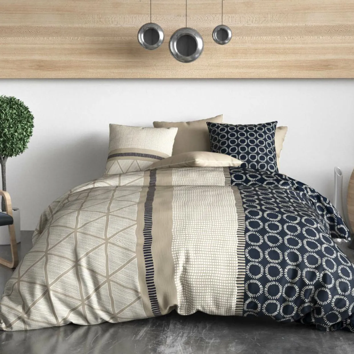 Atelier du Coton Linge De Lit, Ensembles^Parure housse de couette réversible Nairobi bleu/beige