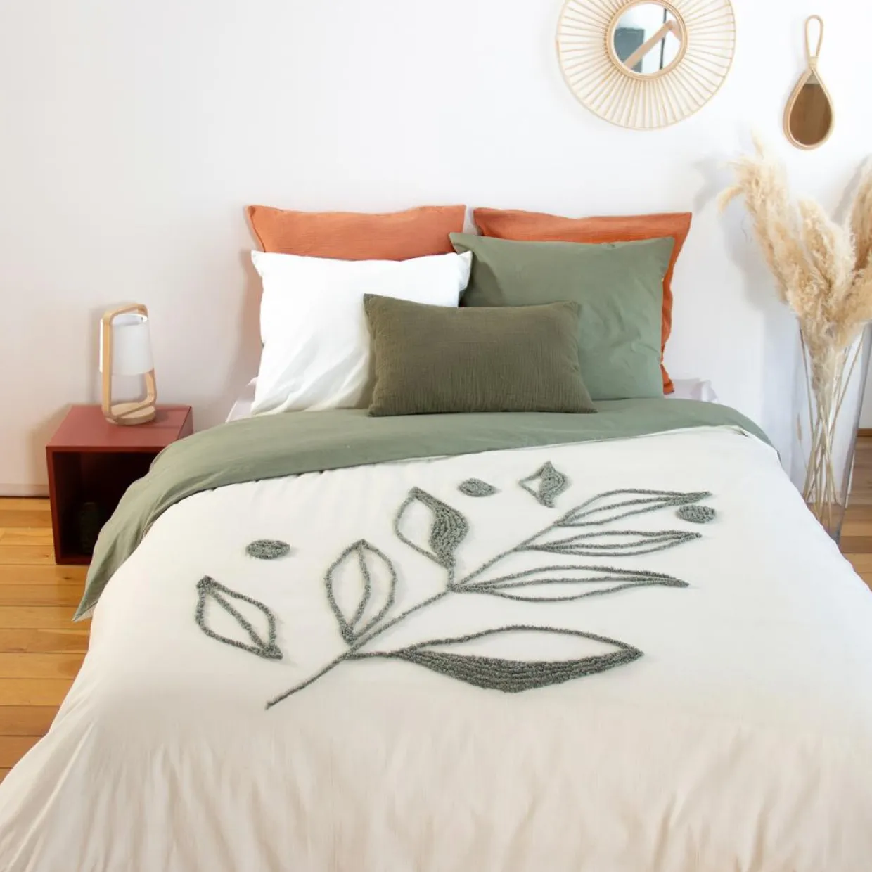 Parure housse de couette Herbier blanc/kaki-Home Collection Outlet