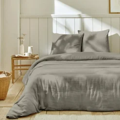 Parure housse de couette 100% Gaze de Coton gris galet-Home Collection Outlet