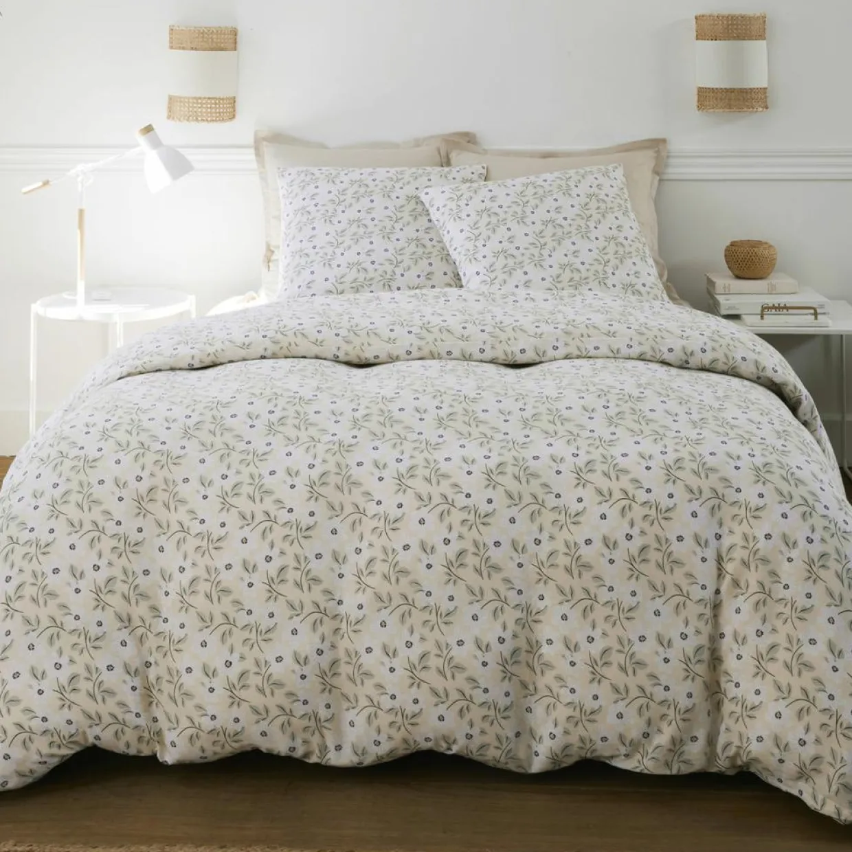 Parure Housse de Couette 100% Gaze de Coton Imprimé Loucile blanche-Baton Rouge Clearance
