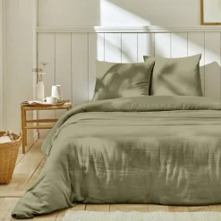 Home Collection Linge De Lit, Ensembles^Parure housse de couette 100% Gaze de Coton vert de gris
