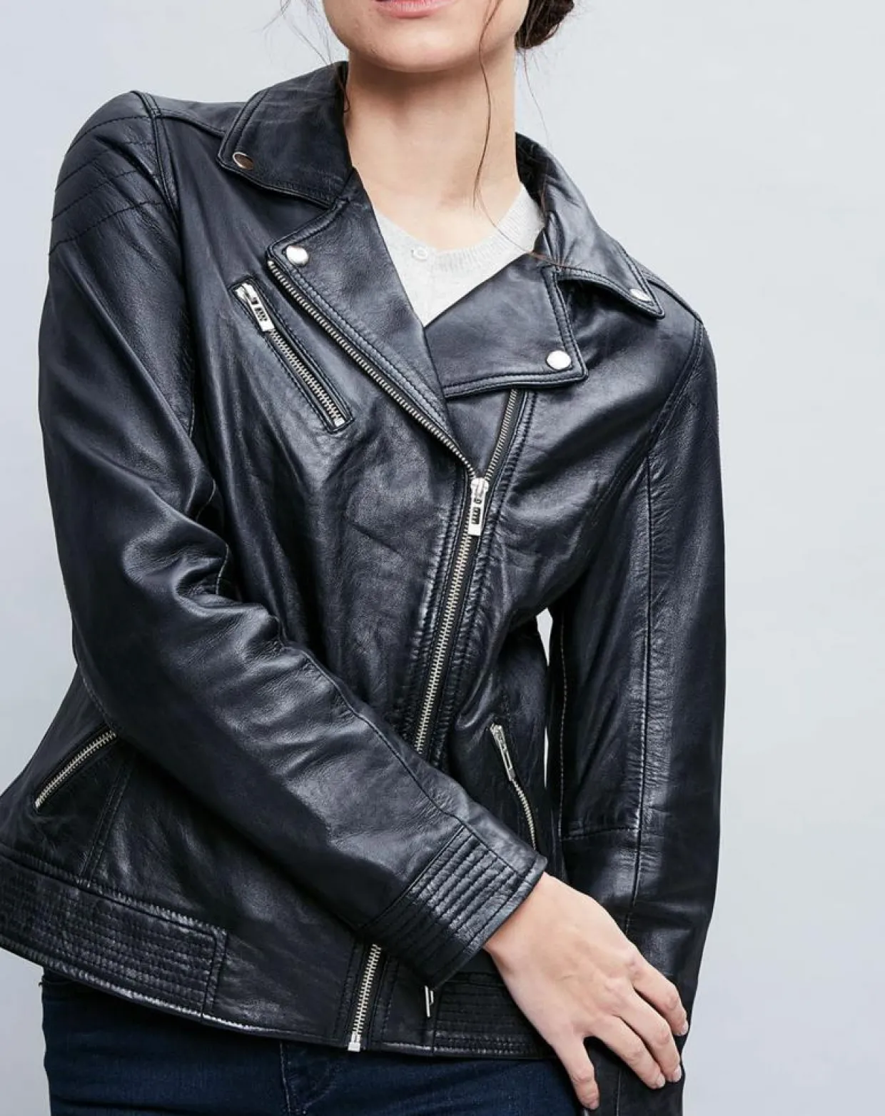Perfecto en Cuir Alexine noir-Chyston Sale
