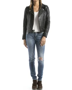 Femme Blue Wellford Vestes, Blousons^Perfecto en Cuir Loire noir