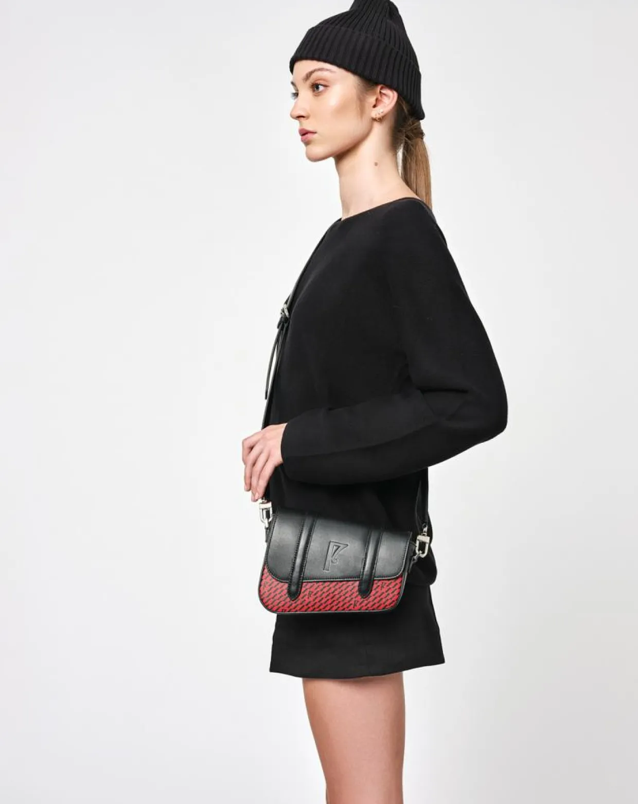 Petit Sac en Toile enduite & Cuir Bordeaux rouge/noir - 14x19x4.5 cm-Maison Faret Outlet
