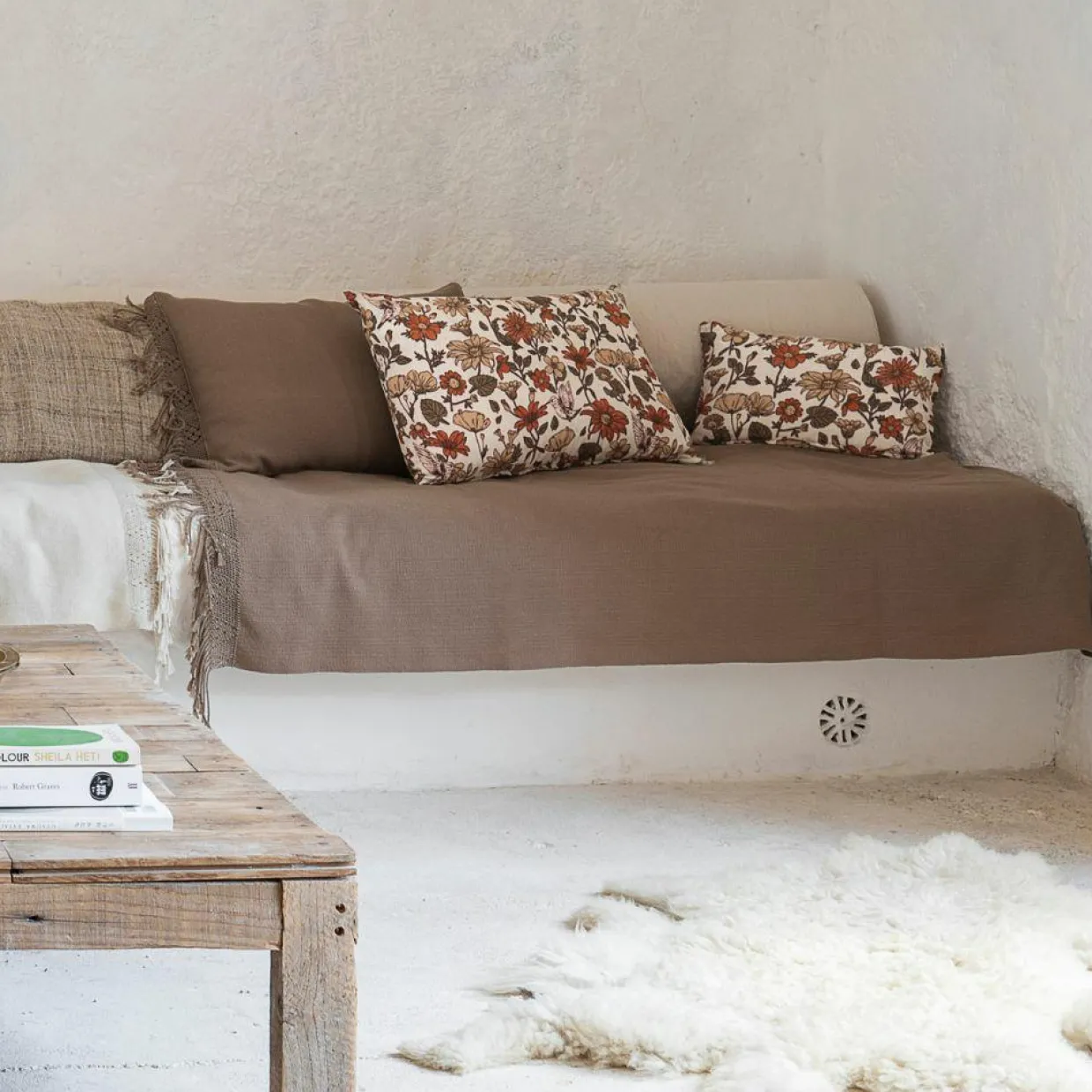 Bed and Philosophy Plaids^Plaid en coton & laine et détails macramé marron 90x200cm