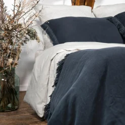 Plaid en lin & coton finitions frangées noir 150x180cm-Bed and Philosophy