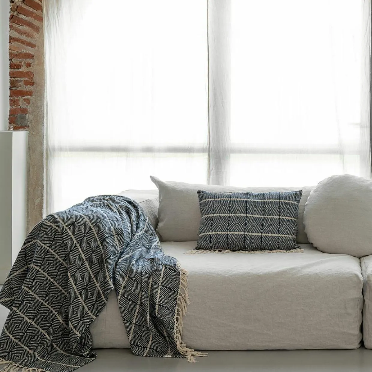 Plaid en lin et coton bleu 135x200cm-Bed and Philosophy Discount